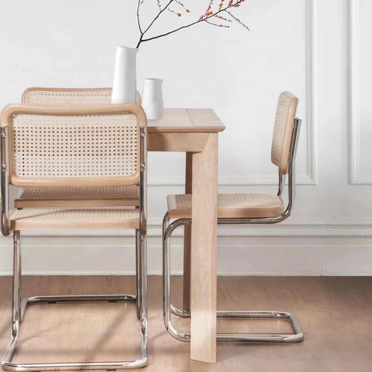 ambiente con mesa de diseño y sillas chescas