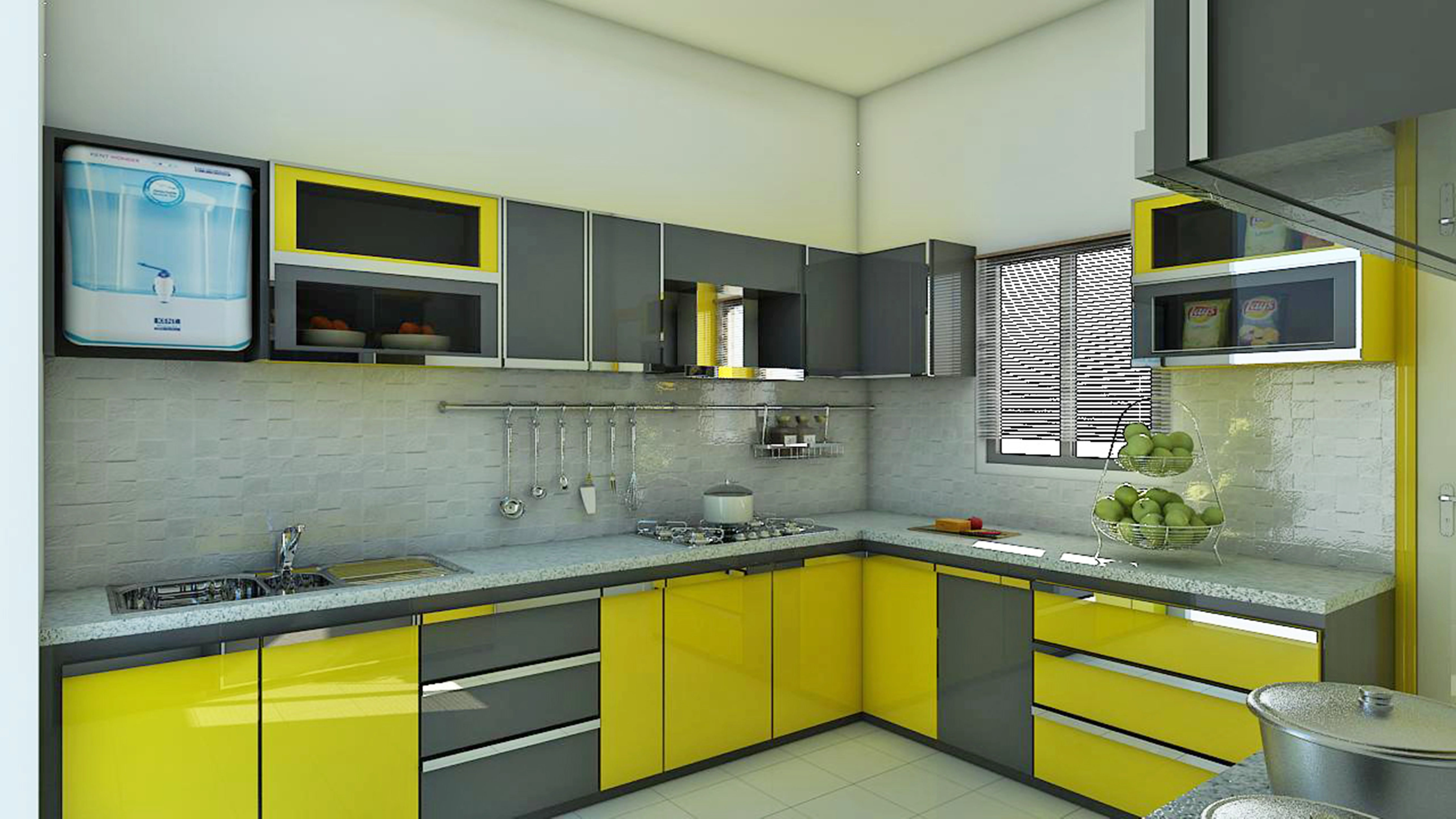 Cocina laqueada brillante amarillo y gris